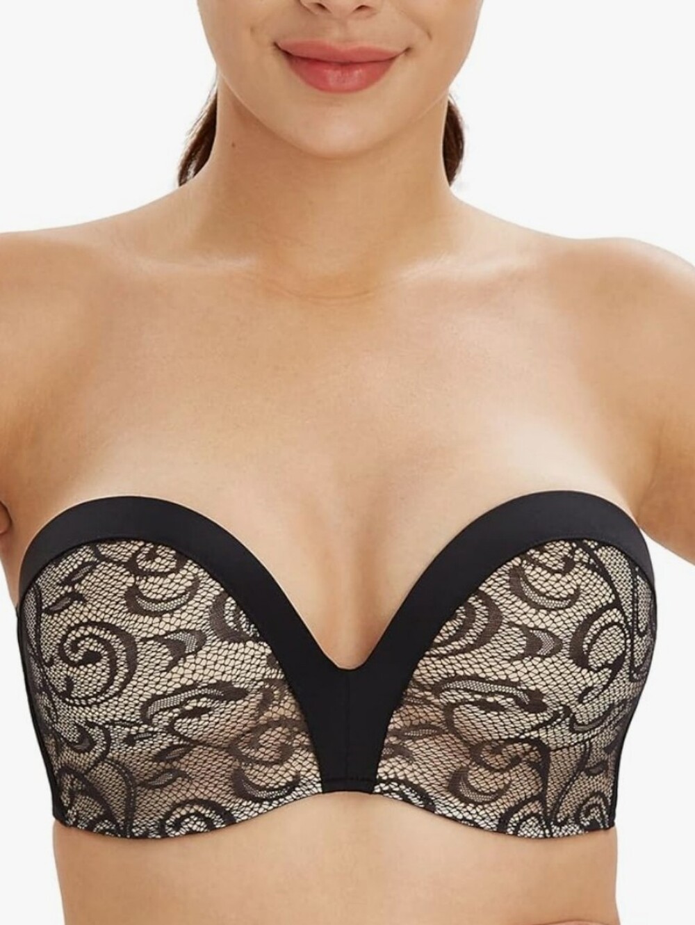 Lemorosy Black Lace Overlay Wireless Strapless Non Slip Push Up Bra, 32C